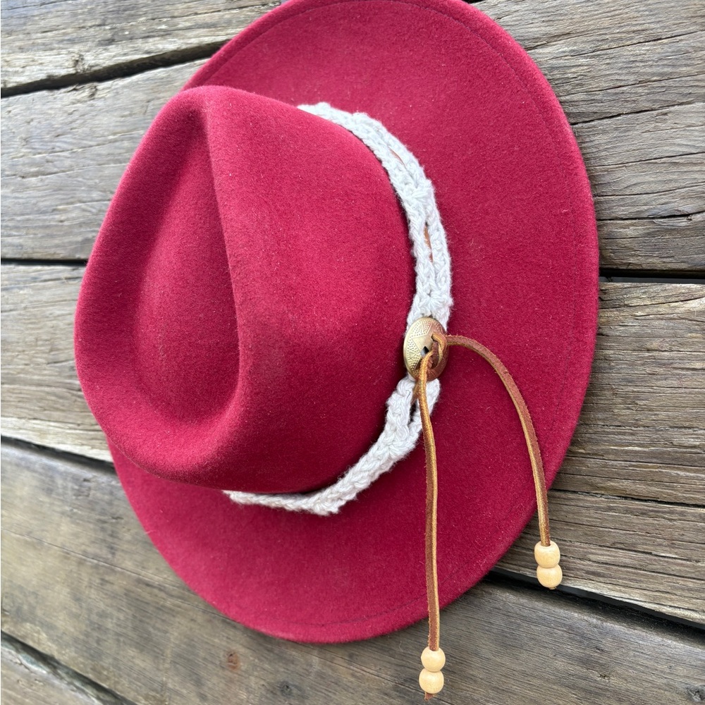 Red Wool Wide Brim Hat with Boho Band